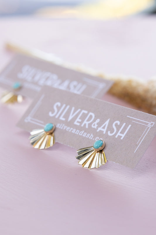 Turquoise Gold Deco Fan Studs