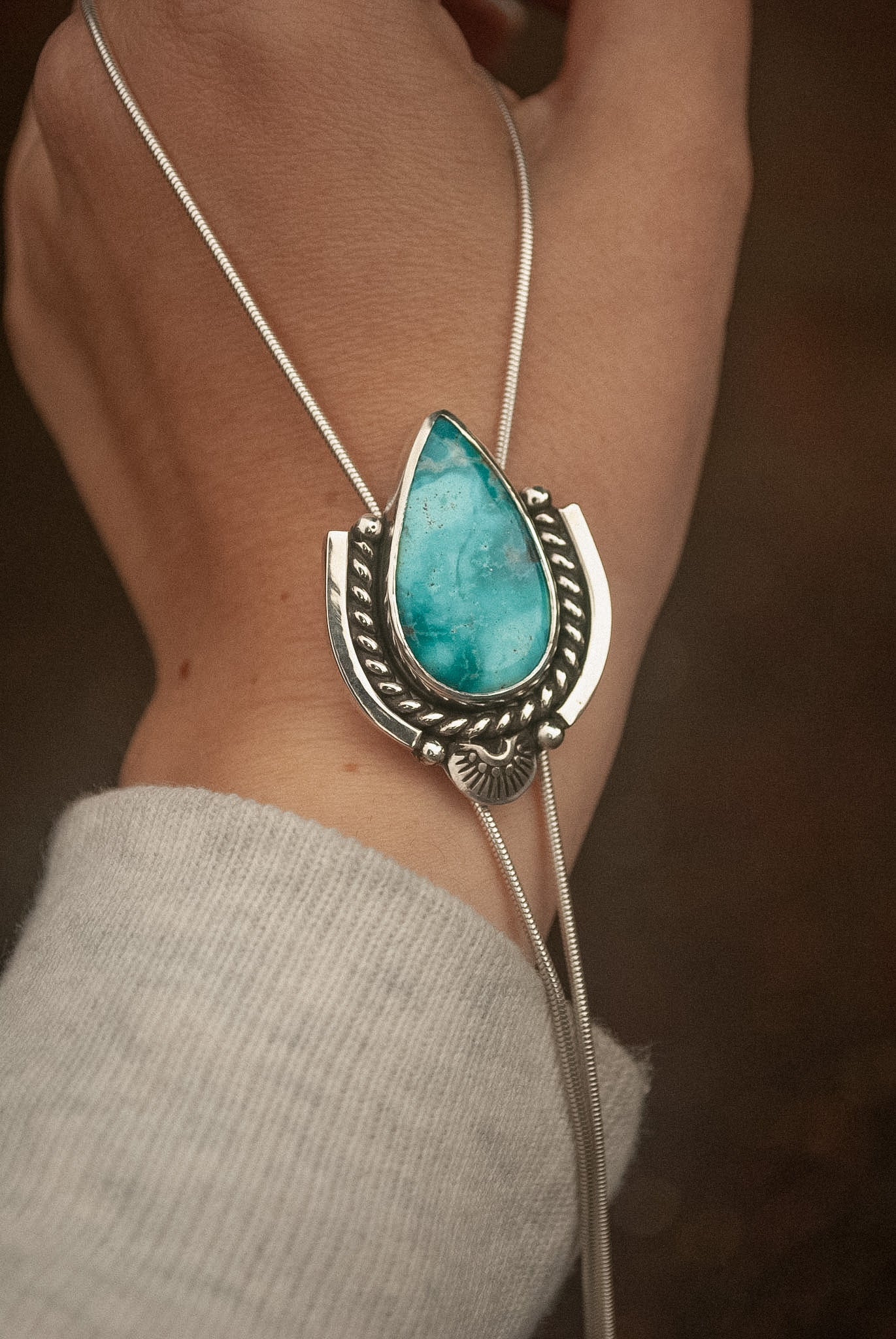 White Water Turquoise Silver Bolo