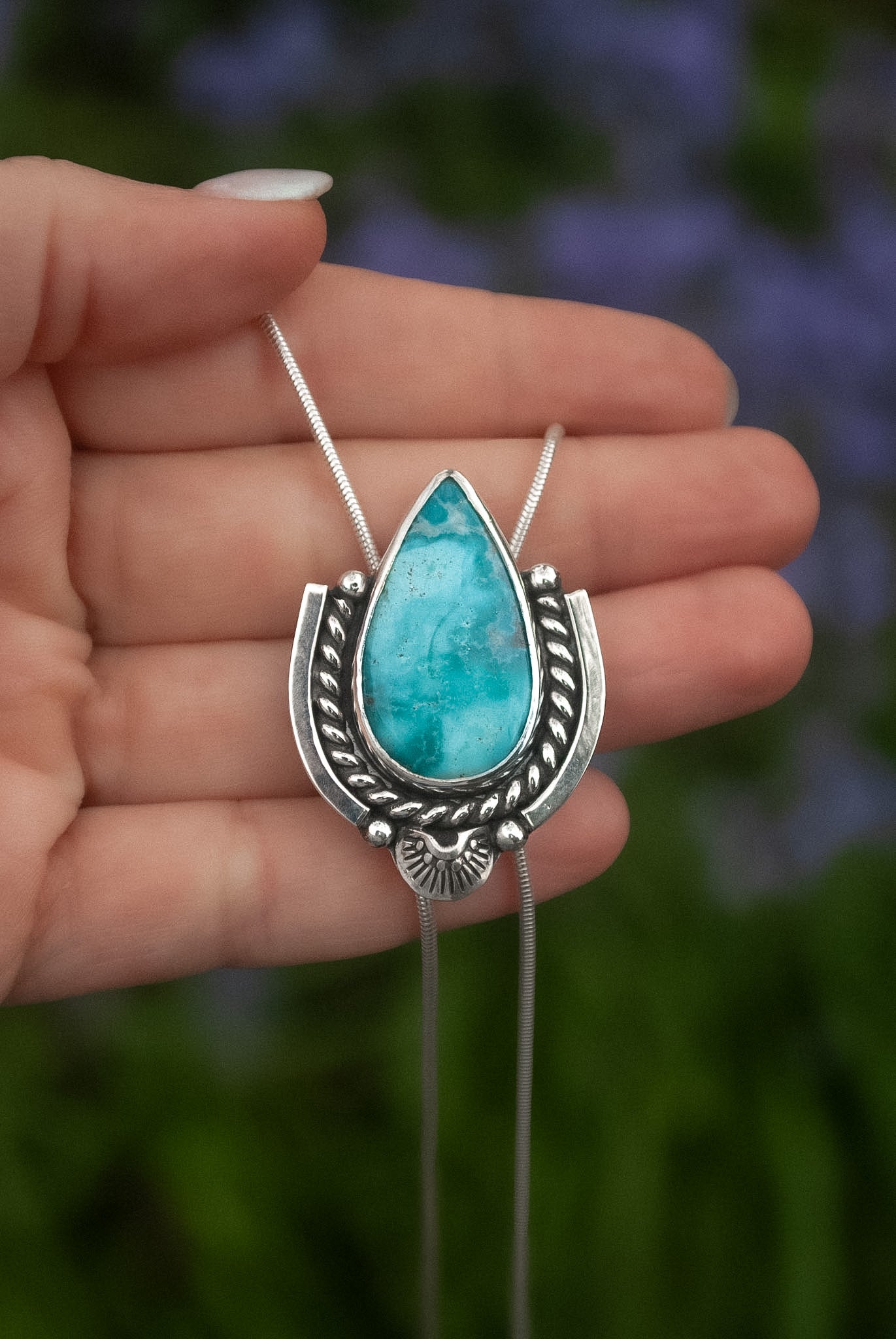 White Water Turquoise Silver Bolo