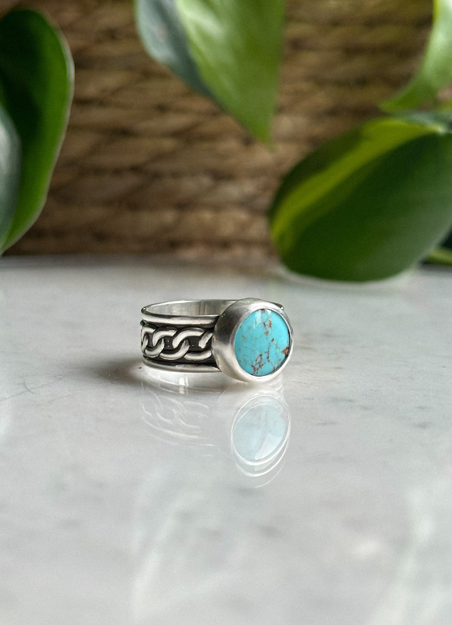 Egyptian Turquoise Chain Ring - Size 6.5