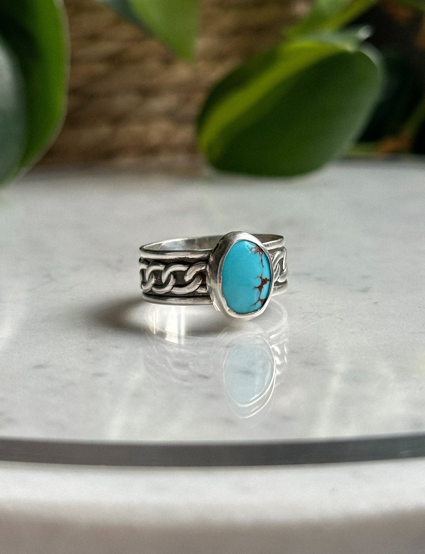 Egyptian Turquoise Chain Ring - Size 8.5