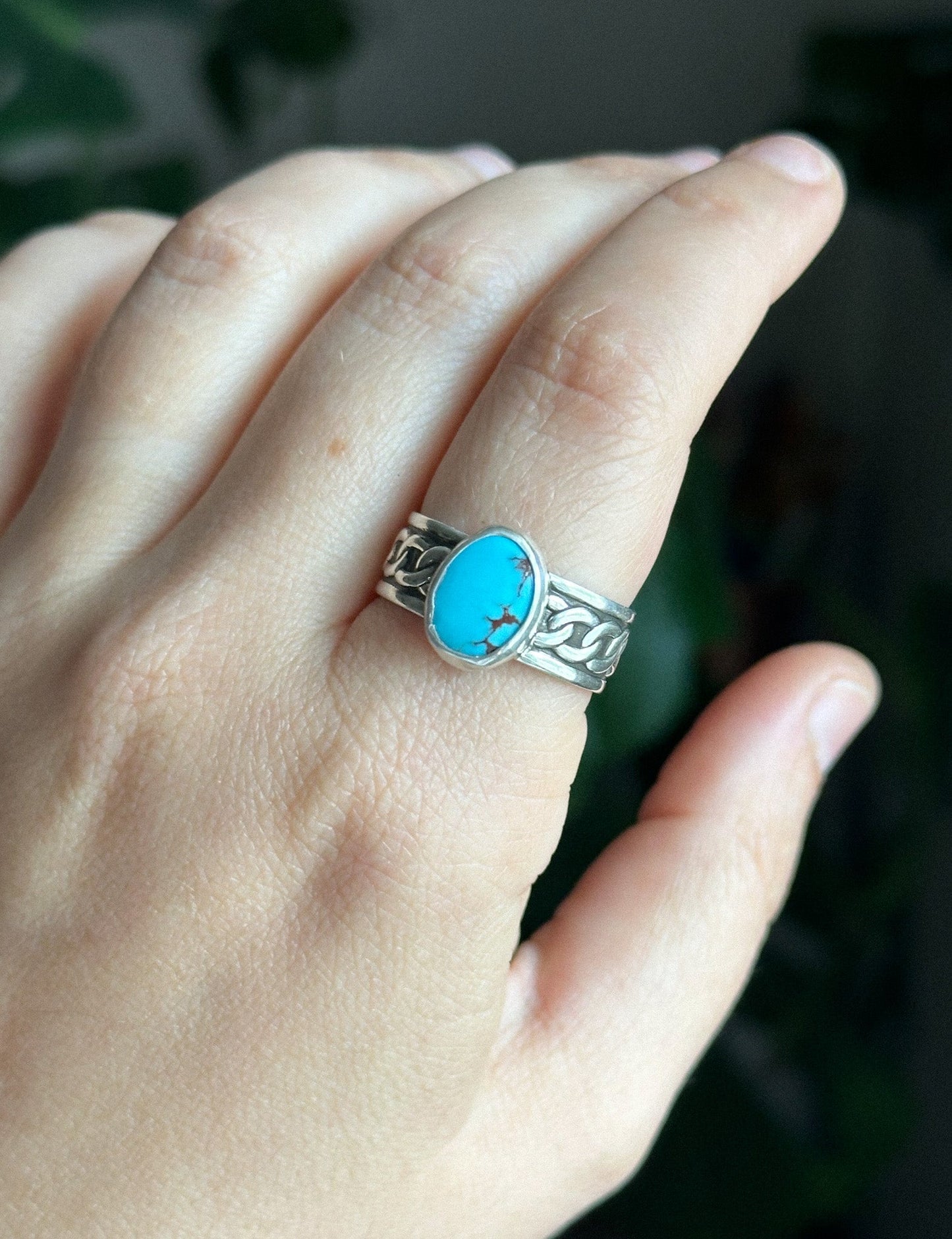 Egyptian Turquoise Chain Ring - Size 8.5