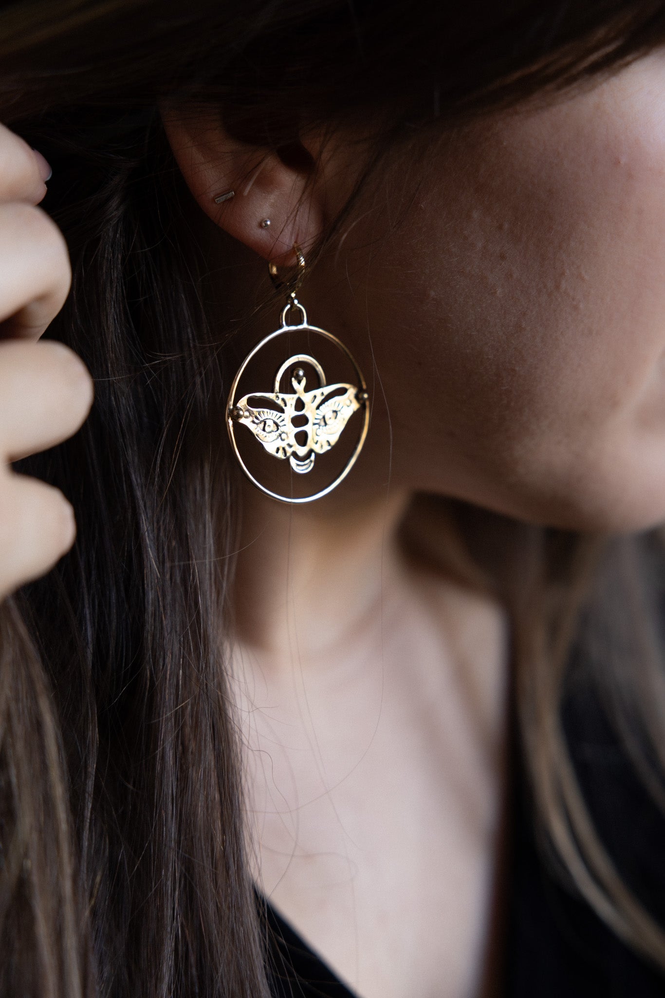 Gold (Brass) Evil Eye Moth Earrings