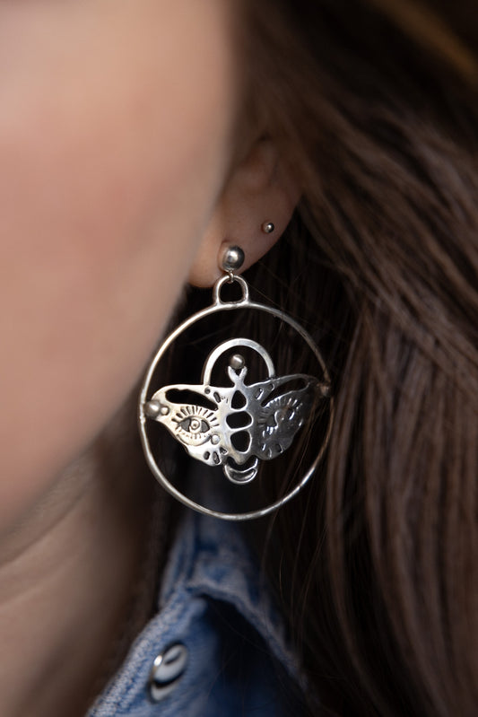 Silver Evil Eye Moth Earrings